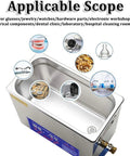Kickass Ultrasonic Cleaner With Built In Heater And Digital Timer For Jewelry Restoration Auto Parts Degreasing Lab Descaling Heavy Duty Commercial Cleaning Tank showing applicable scope with various items.