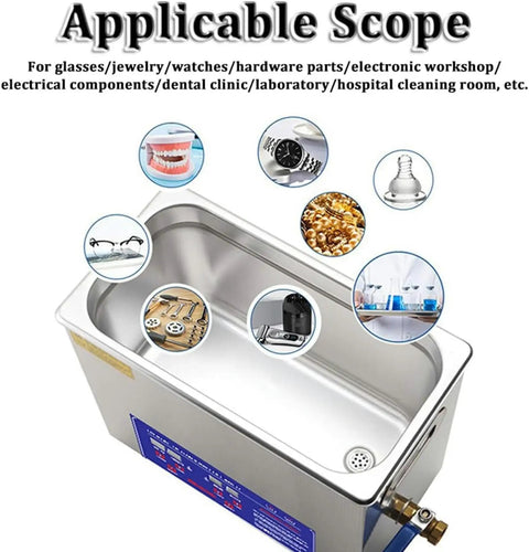 Kickass Ultrasonic Cleaner With Built In Heater And Digital Timer For Jewelry Restoration Auto Parts Degreasing Lab Descaling Heavy Duty Commercial Cleaning Tank showing applicable scope with various items.