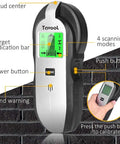 4 In 1 Stud Finder Wall Scanner With LCD Display highlighting features like stud center, target indication bar, and push button.