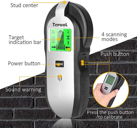 4 In 1 Stud Finder Wall Scanner With LCD Display highlighting features like stud center, target indication bar, and push button.
