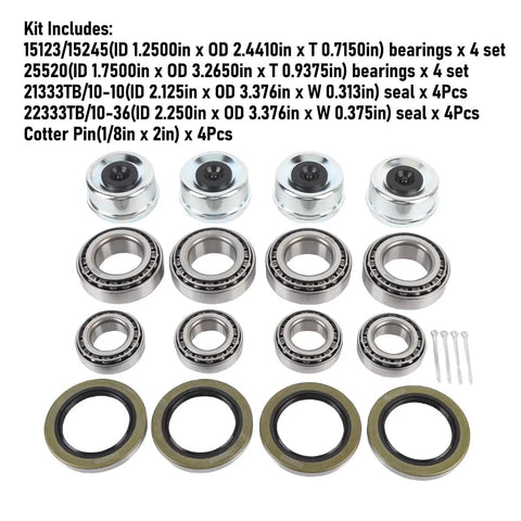 Trailer Wheel Hub Bearings Kit For 5200 To 6000 Lb Axles, Four Piece Replacement Kit With Grease Seals And Cotter Pins displayed