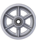 Heavy duty cast iron V-groove casters with 6-inch diameter for rails, featuring silver finish and sturdy design for industrial use.