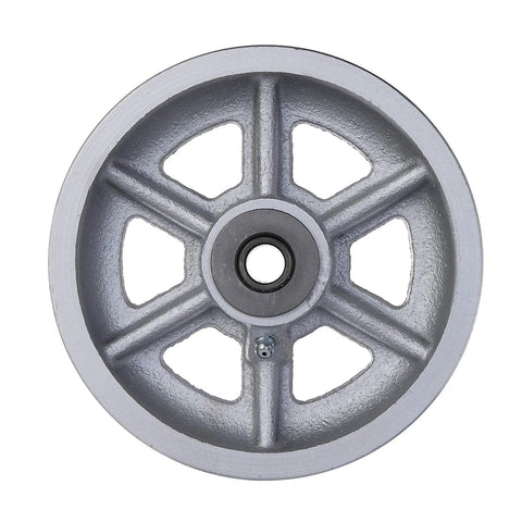Heavy duty cast iron V-groove casters with 6-inch diameter for rails, featuring silver finish and sturdy design for industrial use.