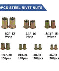 Pro Grade 860Pcs Rivet Nut Kit With SAE UNC Rivet Nuts Assortment in various sizes, zinc-plated carbon steel, includes flat head inserts.