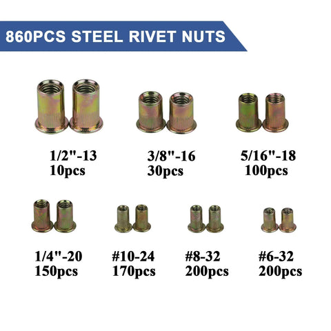 Pro Grade 860Pcs Rivet Nut Kit With SAE UNC Rivet Nuts Assortment in various sizes, zinc-plated carbon steel, includes flat head inserts.