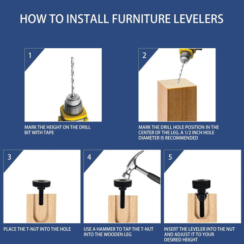 How to install Adjustable 3/8 Inch 16 Thread Furniture Leveling Feet With T Nuts, 4 Pack Table Leg Stabilizers.