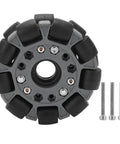 100mm plastic omni robot wheel with rubber rollers and gray hub; mounting screws included