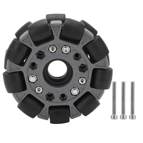 Front view of 100mm omni wheel with rubber rollers on gray nylon hub for 360° robot movement.
