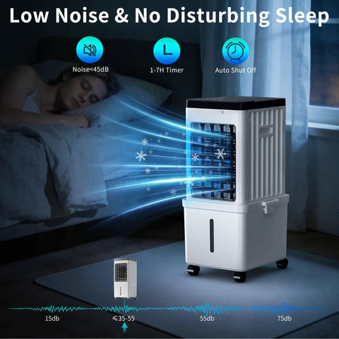 Rapid Cool Portable Evaporative AC Unit With Removable 2.6 Gallon Water Tank, shown at night with sleep mode features