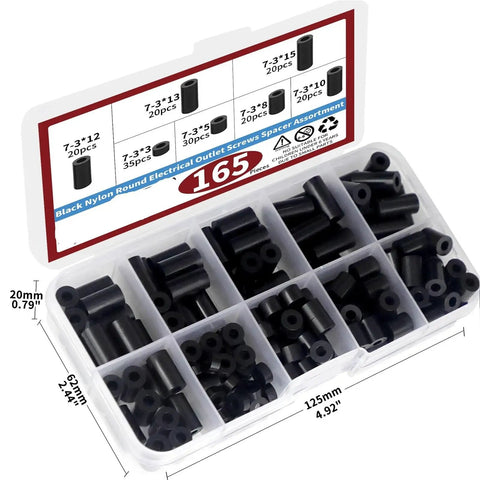 DIY Friendly Black Nylon Screw Spacer Kit 495 Pieces Round Spacers No Thread for Electrical Boxes Switches Outlets Versatile Inner Diameters and Lengths for Stable Quick Installations and Easy Replacements in Home Improvement Projects, 165-piece case