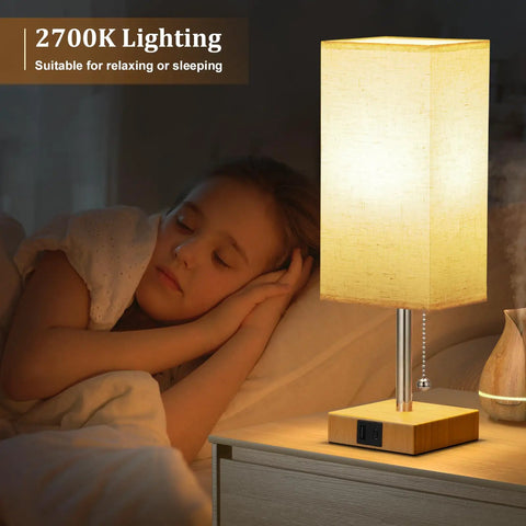 Bedside Lamp With USB C And USB A Ports 3 Color Modes From 2700K To 5000K Pull Chain Nightstand Table Lamp beside sleeping child