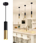 Get These Cool Black And Gold Modern Pendant Lights With Adjustable Cords Cylinder Design Perfect For Kitchen Island Dining Bedroom Living Room Vibes displayed over a kitchen island