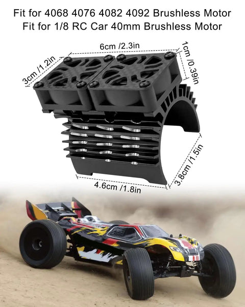 Beefy RC Motor Cooling Fan for One Eighth Scale Brushless Motors 4068 4076 4082 4092 27000 RPM Dual Motor Heatsink shown on RC car