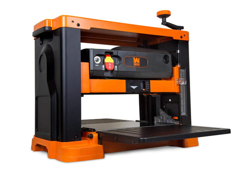Garage Ready Spiral Benchtop Thickness Planer boasts 26 staggered HSS blades and quick set depth gauge for easy milling.