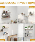 Various use of 6-Piece L Shelf Brackets, 5x2 Inch Corner Support Brackets in kitchen, living room, bedroom, and balcony setup.