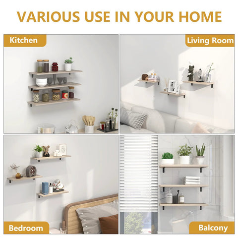 Various use of 6-Piece L Shelf Brackets, 5x2 Inch Corner Support Brackets in kitchen, living room, bedroom, and balcony setup.