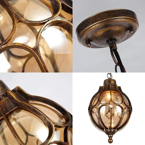 Detailed view of Outdoor Pendant Lights For Porch And Yard Old School Vintage Exterior Hanging Lantern With Spherical Glass Shade Bronze Aluminum Fixture