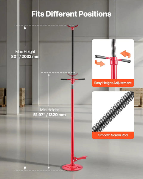 Underhoist Vehicle Support Stand For Safer Lifts, Heavy Duty Three Quarters Ton Capacity Up To 1653 Lbs, Adjustable Height From Fifty Two Inches To Eighty Inches, 12 Inch Base, Bearing Mounted Spin Handle With Foot Pedal.