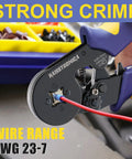 Close-up of Ferrule Crimping Tool Kit With Wire Stripper, 2500 Pcs Ferrule Terminals, AWG 23-7 And AWG 22-7 in use.