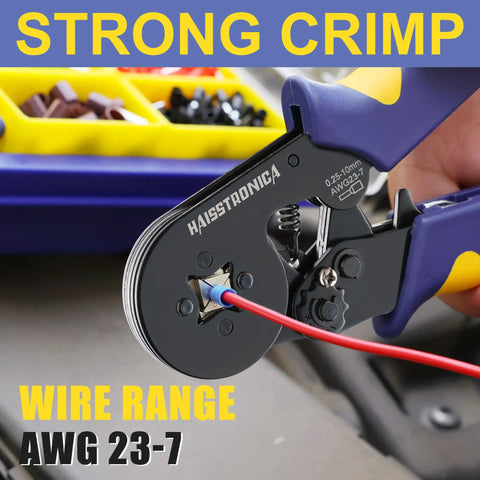 Close-up of Ferrule Crimping Tool Kit With Wire Stripper, 2500 Pcs Ferrule Terminals, AWG 23-7 And AWG 22-7 in use.