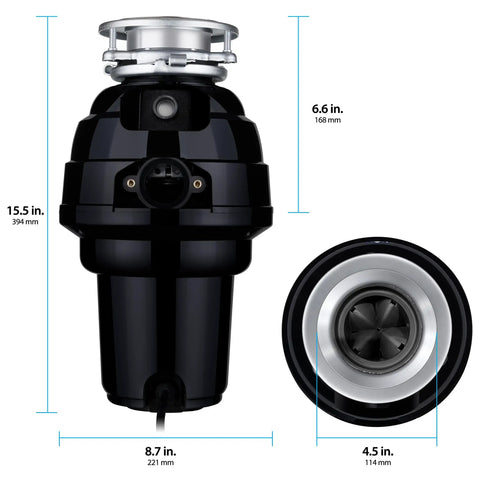 Front and top view of a One And A Quarter Horsepower Garbage Disposal With Removable Splash Guard, Attached Power Cord, 3 Bolt Mount.