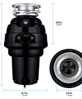 Front and top view of 1.25 HP Quiet Garbage Disposal With Anti Jam Torque Master Grinding System, Stainless Steel Food Waste Grinder, Black