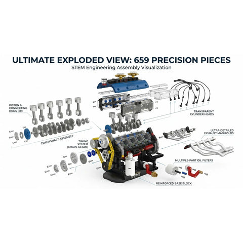 V8 Engine Model Kit For STEM Builders A Real Hands On Build And Drive Display With Full Internal Motion View And Dual Mode Operation Letting You Assemble Observe Run And Show Off A Lean Legit High Tech Mechanical Playground, exploded view of 659-piece plastic kit