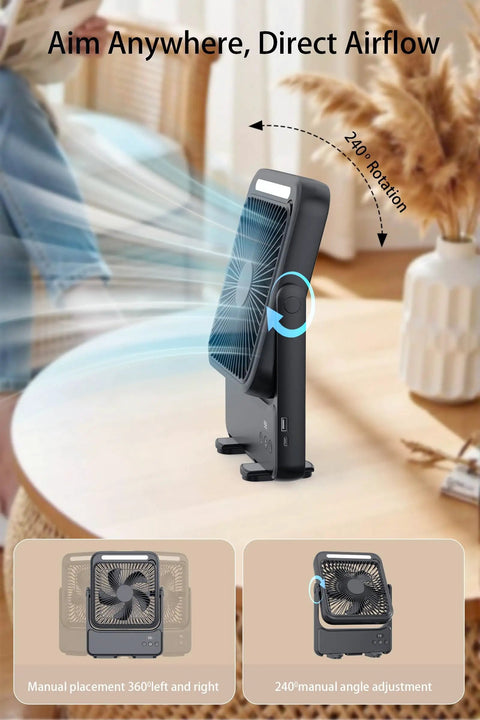 Ultra Slim 20000mAh Magnetic Cruise Approved Fan With Night Light showing 240° rotation and airflow features