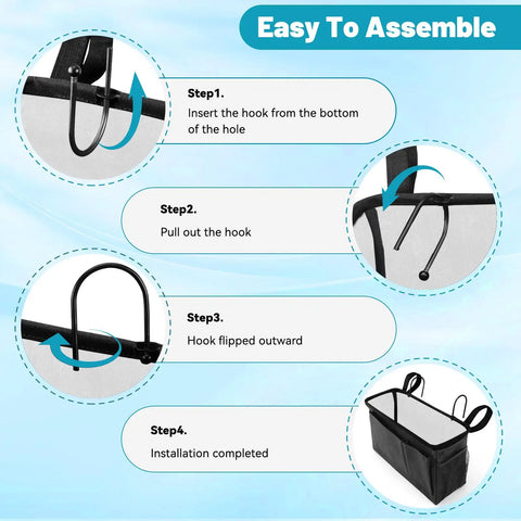 Installation steps for Bedside Caddy Storage Organizer for Bunk Beds and Dorm Rooms, Waterproof Canvas Shelf with Adjustable Hooks.