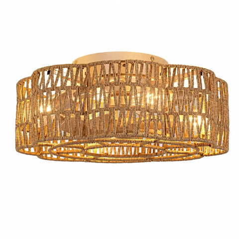 Pixxrib Boho Caged Ceiling Fans with Lights for Bedroom Living room, yellow twine woven design, modern ceiling light fixture.