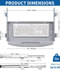 Heavy Duty Steel Under Desk Keyboard Tray Featuring Slick Ball Bearing Glides For Silky Smooth Extension And Rock Solid Ergonomic Workstation Support Up To Sixty Six Pounds With Zero Wobble Or Jamming Vibes dimensions displayed with keyboard and rail measurements.