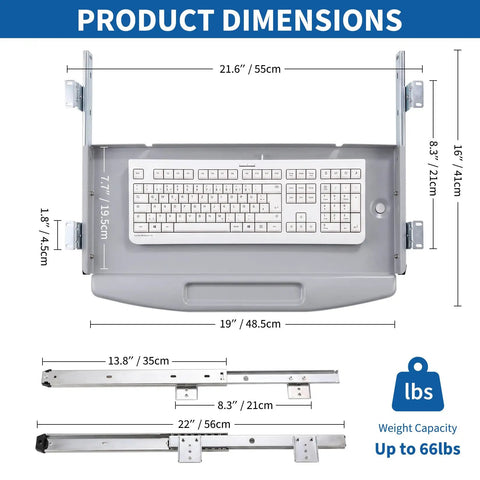 Heavy Duty Steel Under Desk Keyboard Tray Featuring Slick Ball Bearing Glides For Silky Smooth Extension And Rock Solid Ergonomic Workstation Support Up To Sixty Six Pounds With Zero Wobble Or Jamming Vibes dimensions displayed with keyboard and rail measurements.