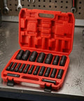 Heavy Duty 20 Piece Impact Socket Set With Case Fits Metric Sizes For Pro Mechanics, Garage DIYers, And Workshop Pros Who Need A Super Durable Chrome Molybdenum Air Tool Kit To Get The Job Done Fast, red case open with metric sockets