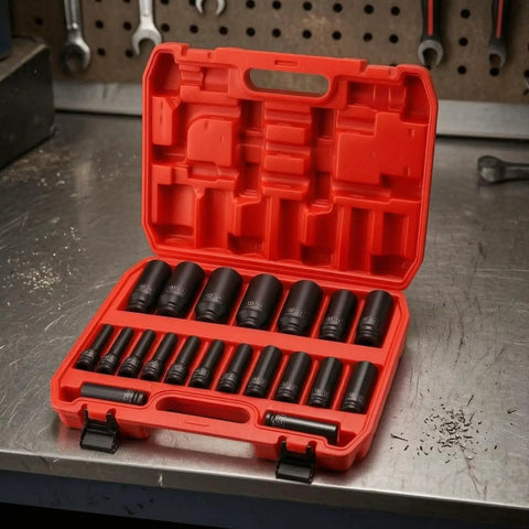 Heavy Duty 20 Piece Impact Socket Set With Case Fits Metric Sizes For Pro Mechanics, Garage DIYers, And Workshop Pros Who Need A Super Durable Chrome Molybdenum Air Tool Kit To Get The Job Done Fast, red case open with metric sockets