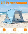 Blue Pop Up Beach Tent Sun Shelter For 3 People With 1 Minute Setup UPF 50 Plus Shade on sandy beach, dimensions labeled