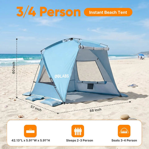 Blue Pop Up Beach Tent Sun Shelter For 3 People With 1 Minute Setup UPF 50 Plus Shade on sandy beach, dimensions labeled