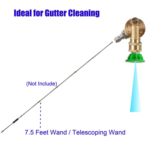 Telescoping wand for pressure washer gutter cleaning with brass pivoting coupler and green 1/4-inch quick-disconnect nozzle.