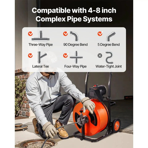 Heavy Duty Automatic Feed Drain Auger Sewer Snake Cleaning Machine With Four Interchangeable Cutters And Air Foot Switch for 4-8 inch pipe systems.