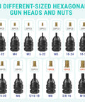 Badass Rivet Nut Drill Adapter For Standard Electric Drills Heavy Duty Nutsert Toolkit shown with 13 hexagonal gun heads and nuts.