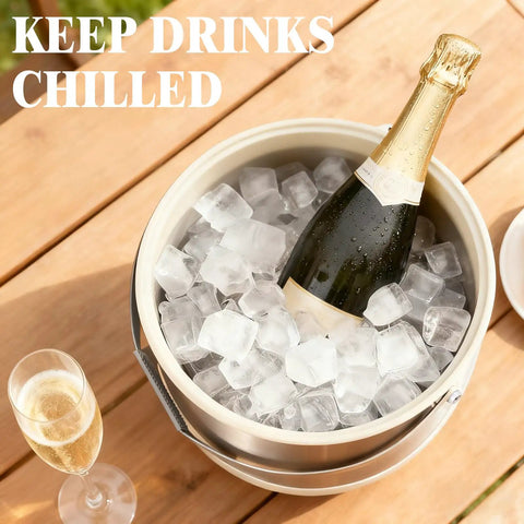Keep It Frosty 4.8 Liter Insulated Ice Bucket With Snug Fit Lid And Drop Handle Scoop filled with ice and champagne.