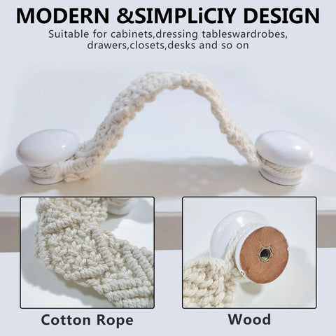Bohemian Style Braided Rope Wooden Cabinet Pulls 4 pack with handwoven cotton rope and white cross knot design suitable for modern decor