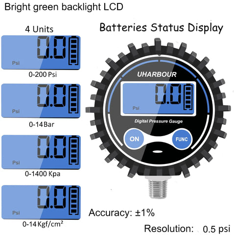 Digital Air Pressure Gauge 5 To 200 PSI With 2-1/2 Inch Dial 1/8 NPT Fittings Auto Shut Off High Accuracy And Protective Case display