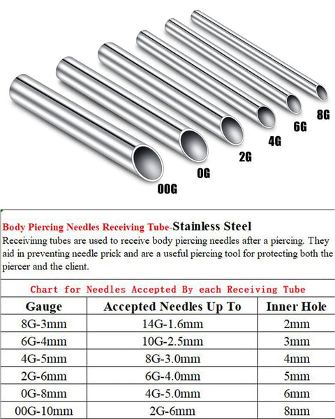 Pro Grade Surgical Steel Piercing Receiver Tube Kit 70mm Long 6Pcs Mix Sizes For Receiving Piercing Needles Body Jewelry Microblading Tools Autoclavable Safe, stainless steel 00G-8G