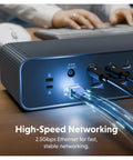 Close-up of Badass Thunderbolt 5 Dock With Built In Ssd Enclosure, highlighting 2.5Gbps Ethernet port for stable networking.