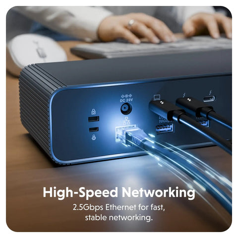 Close-up of Badass Thunderbolt 5 Dock With Built In Ssd Enclosure, highlighting 2.5Gbps Ethernet port for stable networking.