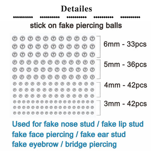 Stick On Fake Piercings Set With Silver Balls For Lip Nose Eyebrow Piercings, Fake Lip Stud And Nose Stud Options, 3mm 4mm 5mm 6mm Sizes, Includes 4 Sheets Of Lookalike Jewelry. detail sheet showing 6mm 5mm 4mm 3mm silver fake piercing balls