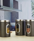 3Piece Stainless Steel Coffee Canisters With Wide Mouth Design Keep Your Grind Fresh No Cap Perfect For Nuts Pasta And Tea kitchen storage setup on countertop