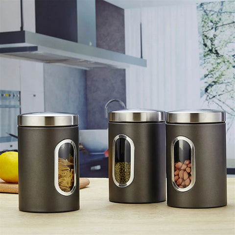 3Piece Stainless Steel Coffee Canisters With Wide Mouth Design Keep Your Grind Fresh No Cap Perfect For Nuts Pasta And Tea kitchen storage setup on countertop