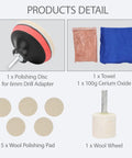 Car Glass Scratch Remover Kit with 100g Cerium Oxide Powder and accessories, including polishing disc, wool pads, towel, and wheel