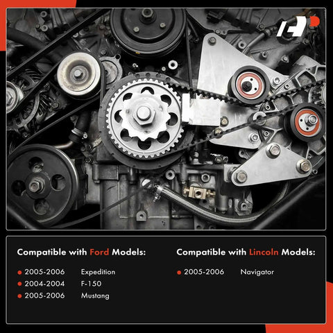Detailed view of engine serpentine belt assembly for Engine Serpentine Belt Kit With Tensioner And Idler Pulley For Ford F150 2004 Expedition 2005 2006 Mustang 2005 2006 Lincoln Navigator 2005 2006 V8 4.6L 5.4L Replacement Ready To Roll, showing components and compatibility details.